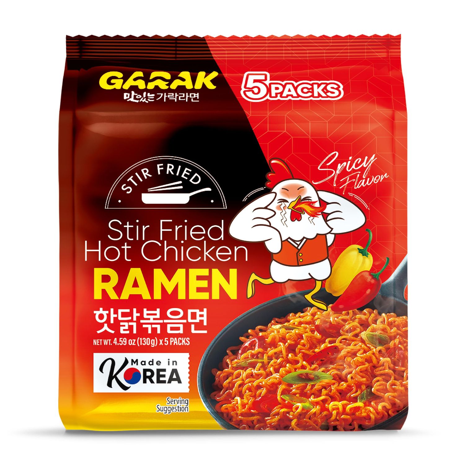 GARAK Smoky Hot Chicken Ramen, Spicy Ramen, Korean Stir-Fried Instant Noodle1 Bag with 5 Pack