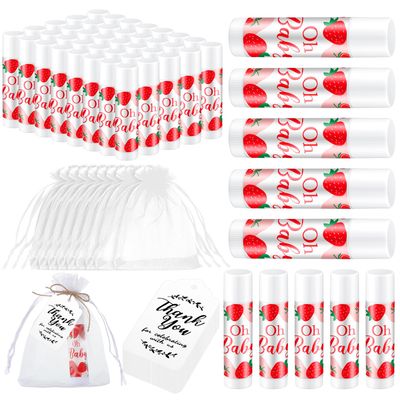 Dansib 50 Sets Baby Shower Favors Lip Balm with Organza Gift Bags strawberry Lip Balm Thank Card Tags for Gender Reveal Lipstick Baby Shower Basket Gift Stuffers Birthday Party Supplies