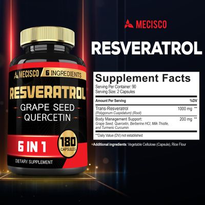 6in1 Trans Resveratrol Supplement with Grape Seed, Milk Thistle, and More - Resveratrol 1000mg - Supports for Immune System, Heart Health, Body Management - 180 Capsules
