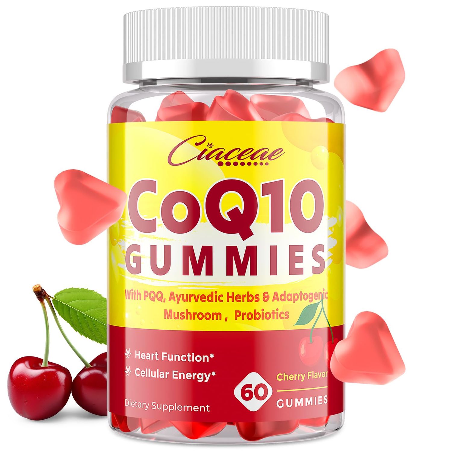 CoQ10 Gummies with PQQ - 400 MG Coenzyme Q10 High Potency, Enhanced with Ayurvedic Herbs, Adaptogenic Mushroom Blend &amp; Probiotics for Heart, Brain, Energy, Immunity, Cherry Flavor, 60 Vegan Gummies