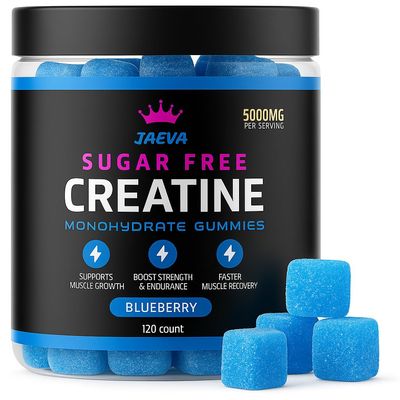 Jaeva Sugar Free Creatine Monohydrate Gummies 5g, 5000mg for Men &amp; Women, Blueberry - 120 Count, Pre Workout Chews for Energy Boost, for Building Muscle and Strength, Vegan, Non-GMO