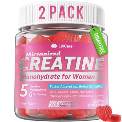 Creatine for Women, Sugar Free Micronized Creatine Monohydrate Gummies BCAA, Myo-Inositol, Collagen, Hyaluronic Acid, Vitamin B6 B12, Zinc for Energy Boost, Build Glute, Hormonal Balance, 120 Counts