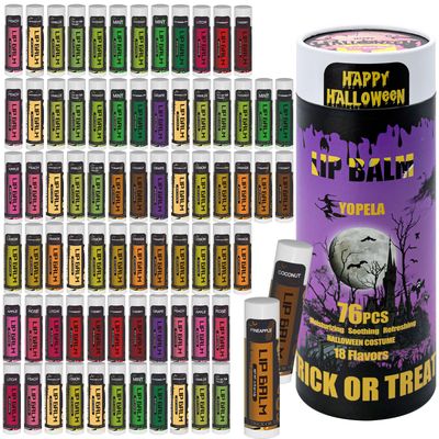 Yopela 76 Packs Halloween Lip Balm,18 Flavors Natural Chap Stick in Bulk, Moisturizing Stocking Dry Lips, Men Women Kids Party Gifts, Lip Care Product with Gift Card