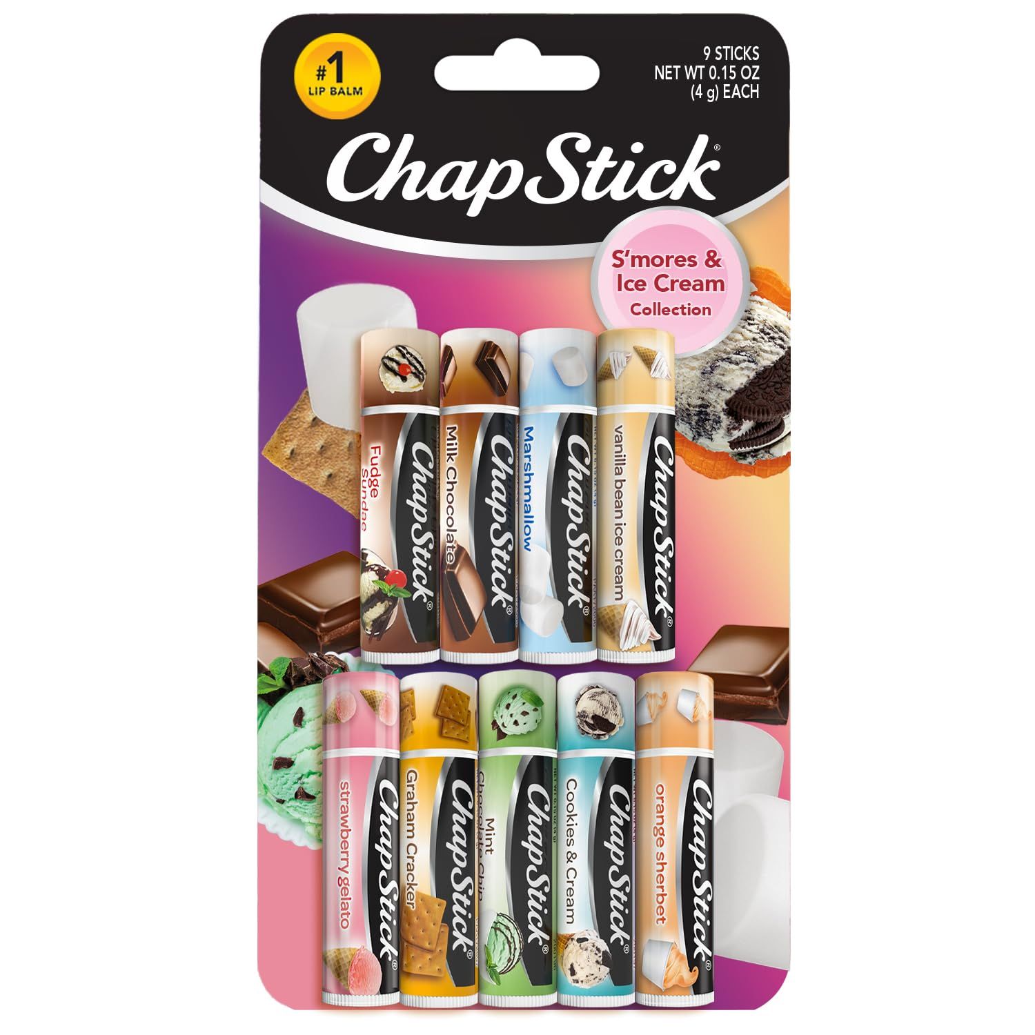ChapStick Lip Balm, Ice Cream Collection 3-Pack, Ice Cream Classics 3-Pack Smores Collection - Fun &amp; Flavorful Lip Care, Birthday Gift, Party Favors, Stocking Stuffers, 0.15 Oz Ea