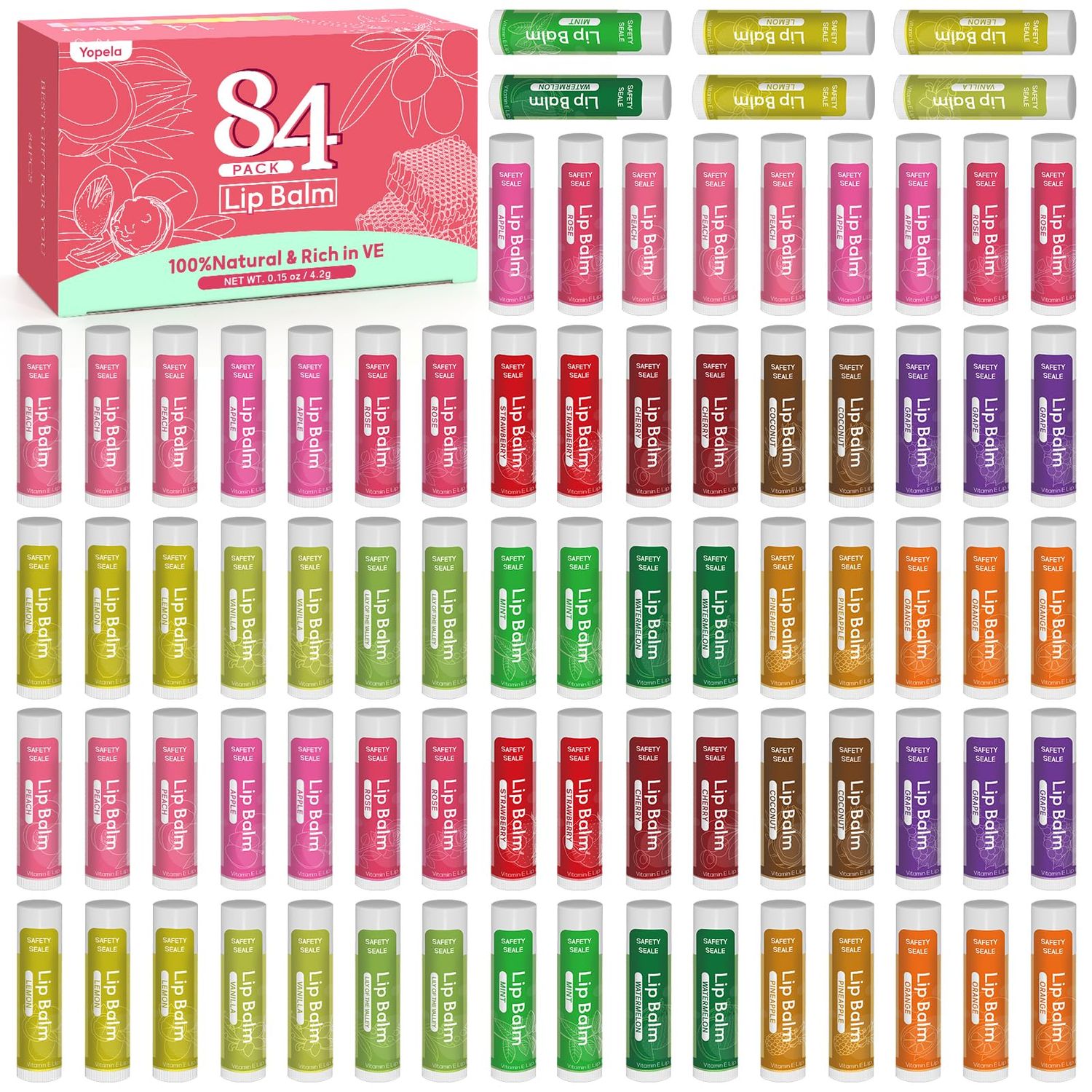 Yopela 84 Pack Lip Balm Bulk Variety Set,14 Flavors Hydrating &amp; Natural Lip Balms, Moisturizing Dry Cracked Lips, Chap Stick Gift Set for Women, Men, Kids