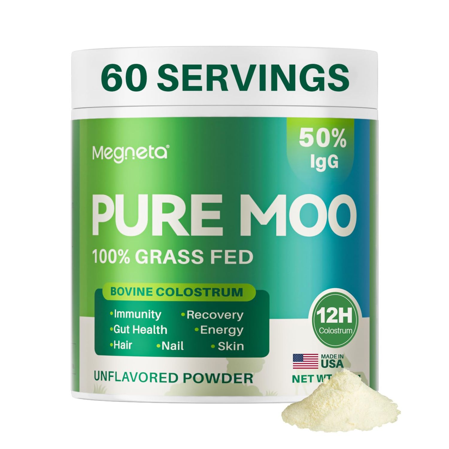 MEGNETA Colostrum Powder, 12H First Milk, 50 IgG, Grass Fed Bovine Colostrum for Humans- Supports Gut Health, Immune, Hair, Skin- 60 Servings