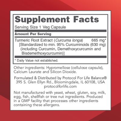 PROTOCOL FOR LIFE BALANCE Curcumin Turmeric Root Extract - 95 Standardized Curcuminoids - 665 mg Curcumin - Curcumin Turmeric Supplement - Non-GMO & Kosher - 60 Veg Capsules
