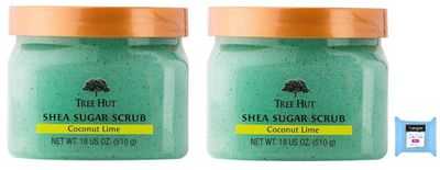 Tree Hut Shea Sugar Body Scrub, Coconut Lime,18oz, 2PK, With Single Makeup Remover Cleansing Wipe