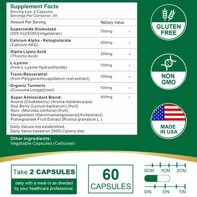 VITACRLLYNMN 700MG Sod Superoxide Dismutase Supplement - High Potency Antioxidant Supplement for Cellular Health - 60 Capsules