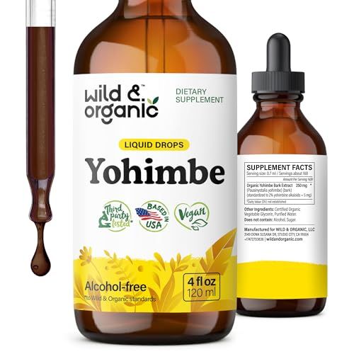 Wild &amp; Organic Yohimbe Supplements for Men &amp; Women - 5 mg Yohimbine Extract Tincture - Alcohol-Free Yohimbe Bark Drops - Vegan, Non-GMO &amp; Sugar-Free - 4 fl oz