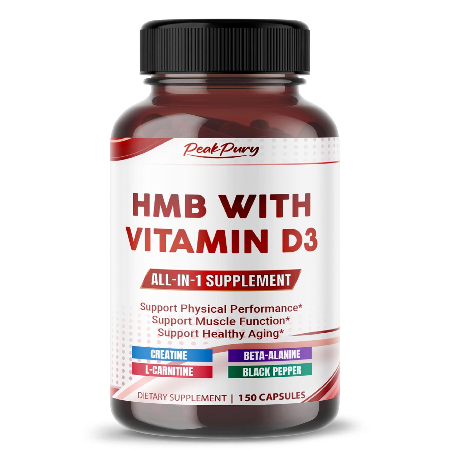 PEAKPURY HMB 3000 mg with Vitamin D3, Creatine, L-Carnitine &amp; Beta-Alanine - All-in-One Daily Support for Strength &amp; Active Wellness - 150 Capsules - Made in USA