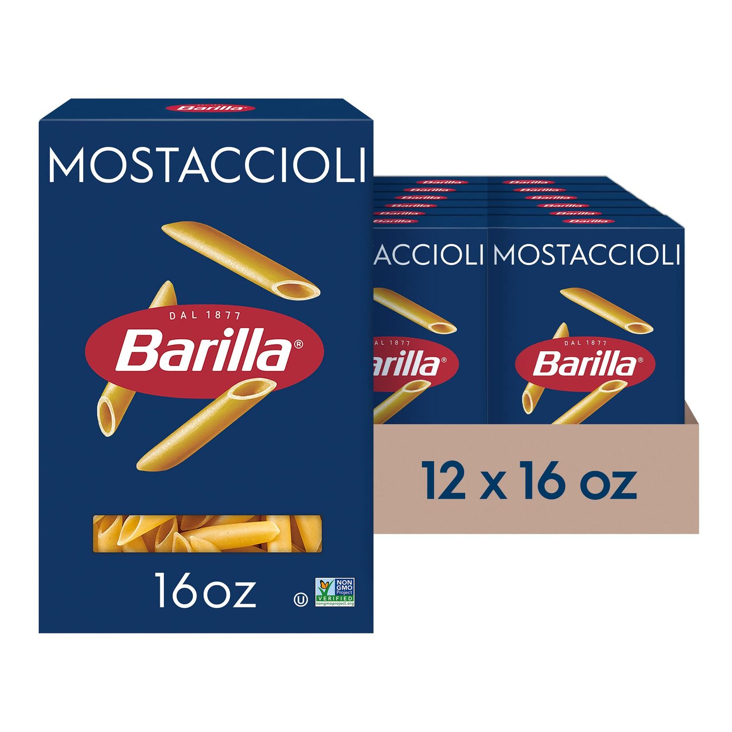 Barilla Mostaccioli Pasta, 16 oz. Box (Pack of 12) - Non-GMO, Made with Durum Wheat Semolina - Kosher Certified