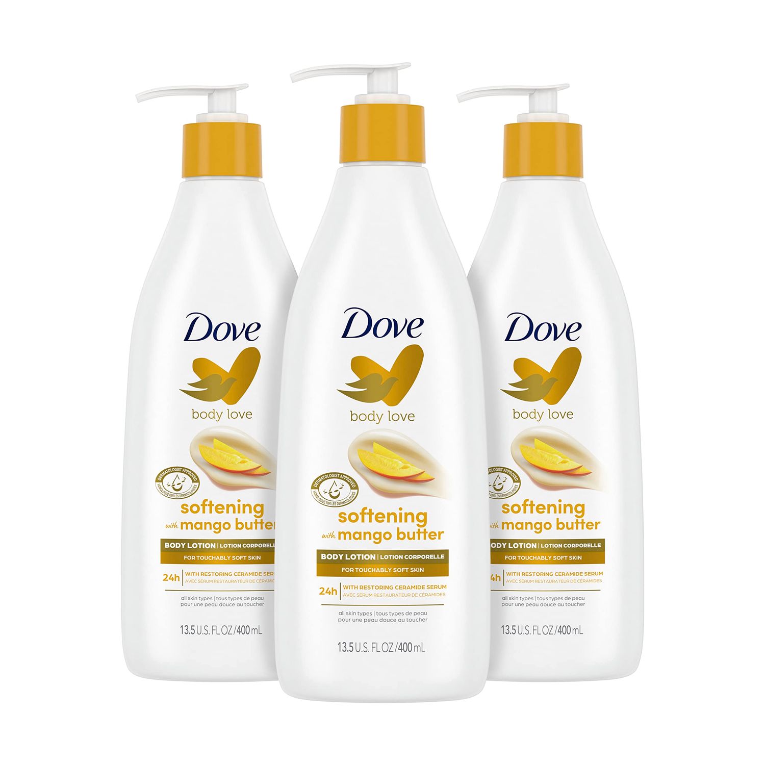 Dove Body Love Softening Body Lotion with Mango &amp; Almond Pack of 3 For Touchably Soft Skin Butters Lotion for Dry Skin with Restoring Ceramide Serum 13.5 oz