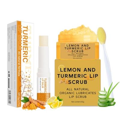 3PCS Lemon and Turmeric Lip Scrub &amp; Turmeric Lip Balm with Brush Set, Lip Scrubber Exfoliator, Natural Nourish Sugar Lip Scrub for Dry, Chapped, Dull, Dark Lips, Reduce Fine Lines