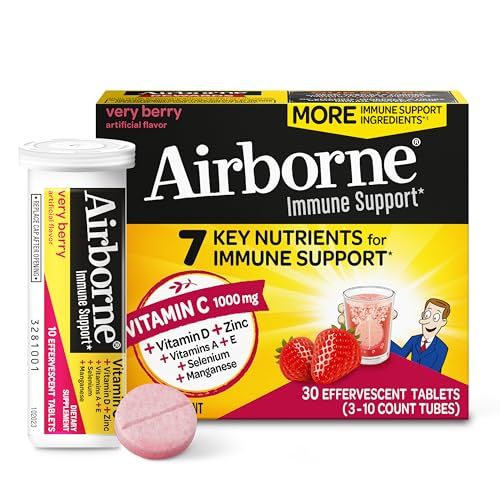 Airborne 1000mg Vitamin C with Vitamin D &amp; Zinc, Sugar Free Multivitamin Immune Support Supplement, Antioxidants Vitamins A C &amp; Vitamin E, 30 Effervescent Tablets, Very Berry Flavor