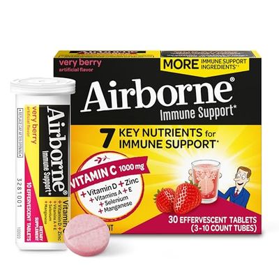 Airborne 1000mg Vitamin C with Vitamin D &amp; Zinc, Sugar Free Multivitamin Immune Support Supplement, Antioxidants Vitamins A C &amp; Vitamin E, 30 Effervescent Tablets, Very Berry Flavor
