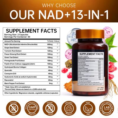 Vccvaa NAD Supplement with Nicotinamide Riboside, Resveratrol, Quercetin &amp; CoQ10 - Anti-Aging Support for Energy, Focus, Immune &amp; Cellular Health - 120 Vegan Capsules