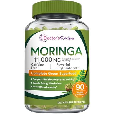 Doctor&#39;s Recipes Moringa 11,000 mg Strength, Complete Green Superfood, Natural Antioxidant Support, Non-GMO, 90 Vegan Caps, No Caffeine Soy Gluten