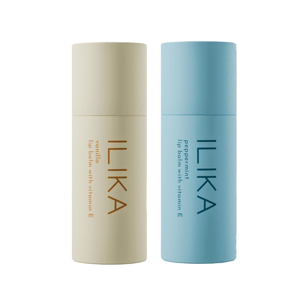 ILIKA Lip Balm, 2X Volume, Organic, Plastic-free, Vegan &amp; Cruelty-Free, COSMOS Certified Organic, PETA Certified, Plant-Based, Biodegradable tube, 2 Pack, Vanilla &amp; Peppermint