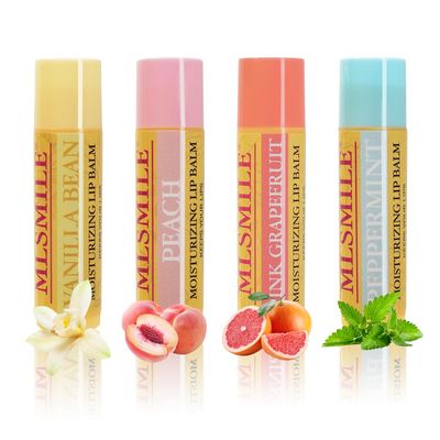 MLSMILE Lip Balm 4-Pack - Stocking Stuffers &amp; Christmas Gifts for Women Girls, Moisturizing Lip Care with Vitamin E &amp; Natural Oils, 4 Flavor Variety (Vanilla, Peach, Grapefruit, Mint)