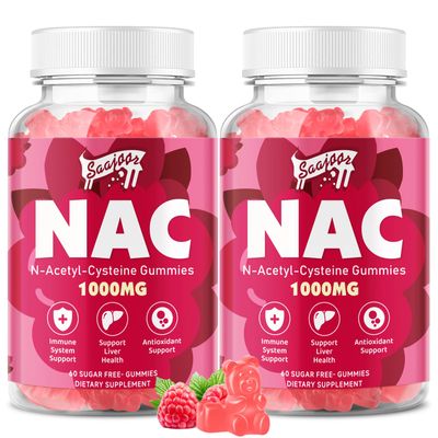 2 Pack NAC Gummies Sugar-Free, N-Acetyl Cysteine NAC Supplement 1000mg for Antioxidants, Immune Support, Non-GMO, Gluten-Free, Vegan - Raspberry Flavor, 120 Gummies