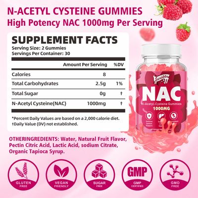2 Pack NAC Gummies Sugar-Free, N-Acetyl Cysteine NAC Supplement 1000mg for Antioxidants, Immune Support, Non-GMO, Gluten-Free, Vegan - Raspberry Flavor, 120 Gummies
