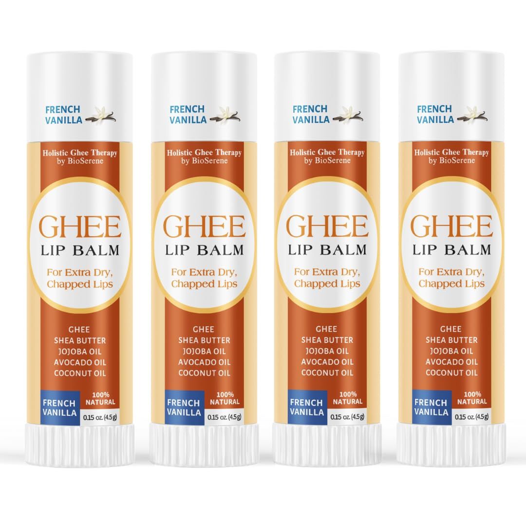 All Natural Lip Balm For Very Dry Lips | Hydrating &amp; Moisturizing Lip Balm with Shea Butter, Ghee, Jojoba Oil, Coconut Oil | Chapped Lips &amp; After Sun Care | BioSerene (4.5 gms/tube, French Vanilla)