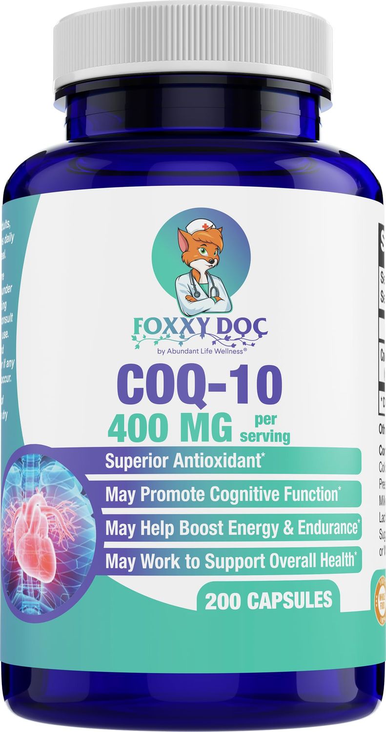 Abundant Life Wellness CoQ10 400 MG Per 2 Caps - Ubiquinone - Excellent Value - Heart, Brain &amp; Cellular Supplement - Energy Support - 200 Vegetable Caps in Bottle - by Foxxy Doc