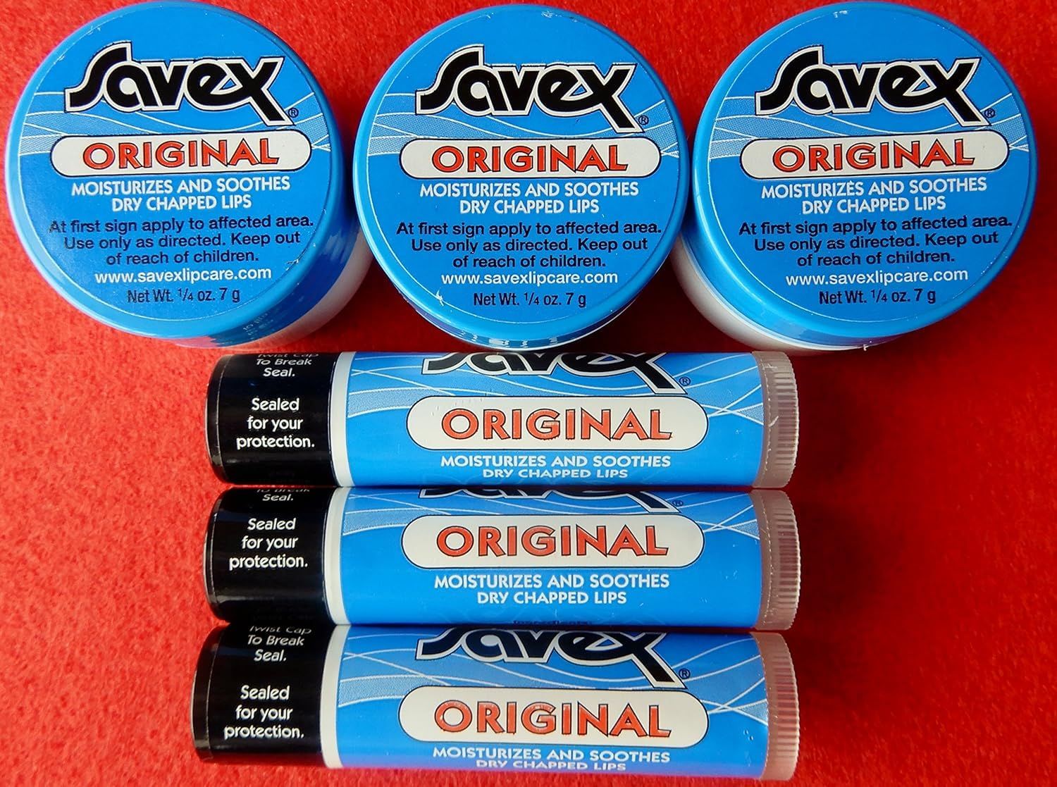 6 X SAVEX 3 ORIGINAL JARS &amp; 3 STICKS LIP BALM FOR DRY &amp; CHAPPED LIPS. MADED IN USA. UP-GRADE TO EXPEDITED MAIL. U.S. SELLER