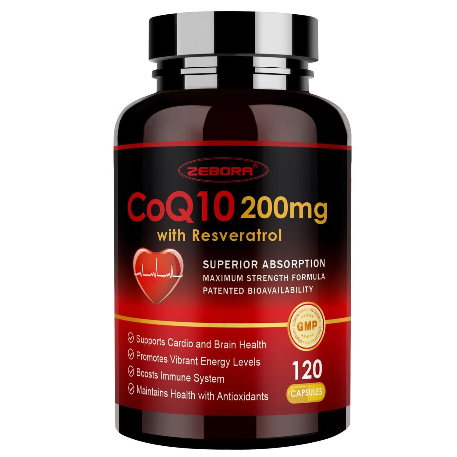 ZEBORA CoQ10-200mg with Trans-Resveratrol, PQQ &amp; Vitamin E - High Absorption Coenzyme-Q10 with BioPerine - Powerful Antioxidant for Heart &amp; Energy-Production,120 Veggie Capsules