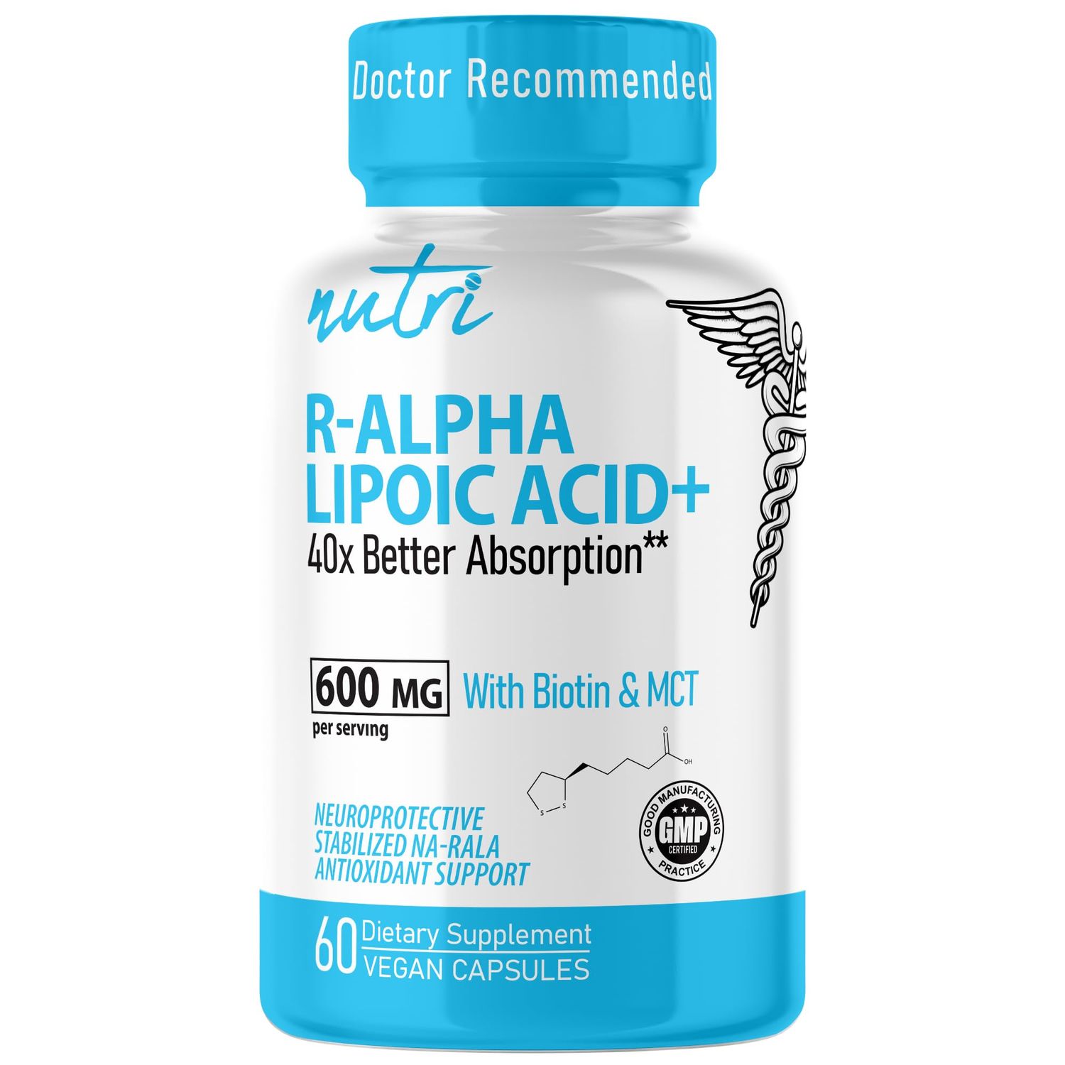 Nature&#39;s Fusions Nutri R Alpha Lipoic Acid 600mg Capsules - Stabilized with Biotin - Active Form R-ALA - Clinical Dosage - Powerful Antioxidant and Cellular Energy Support - 60 Vegan Capsules