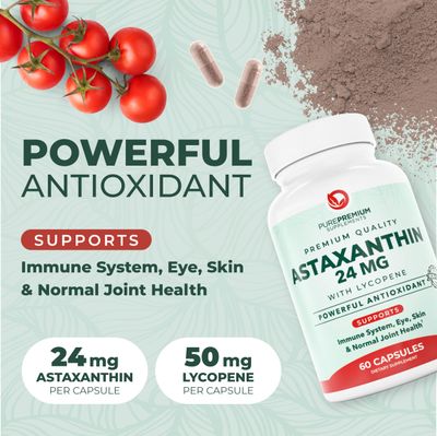 PurePremium Astaxanthin Supplements - Astaxanthin 24mg with Lycopene 50mg Antioxidants Supplement for Skin &amp; Eye Health, Normal Joint Support &amp; Immune System Support - Non-GMO - 60 Count