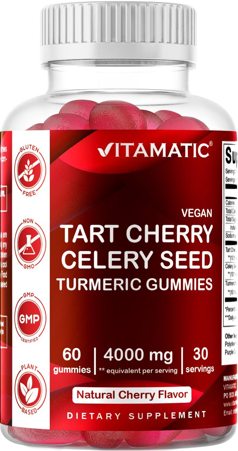 Vitamatic Tart Cherry with Celery Seed Gummies - 4000mg Equivalent Per Serving (from 10:1 Extract 400 mg)