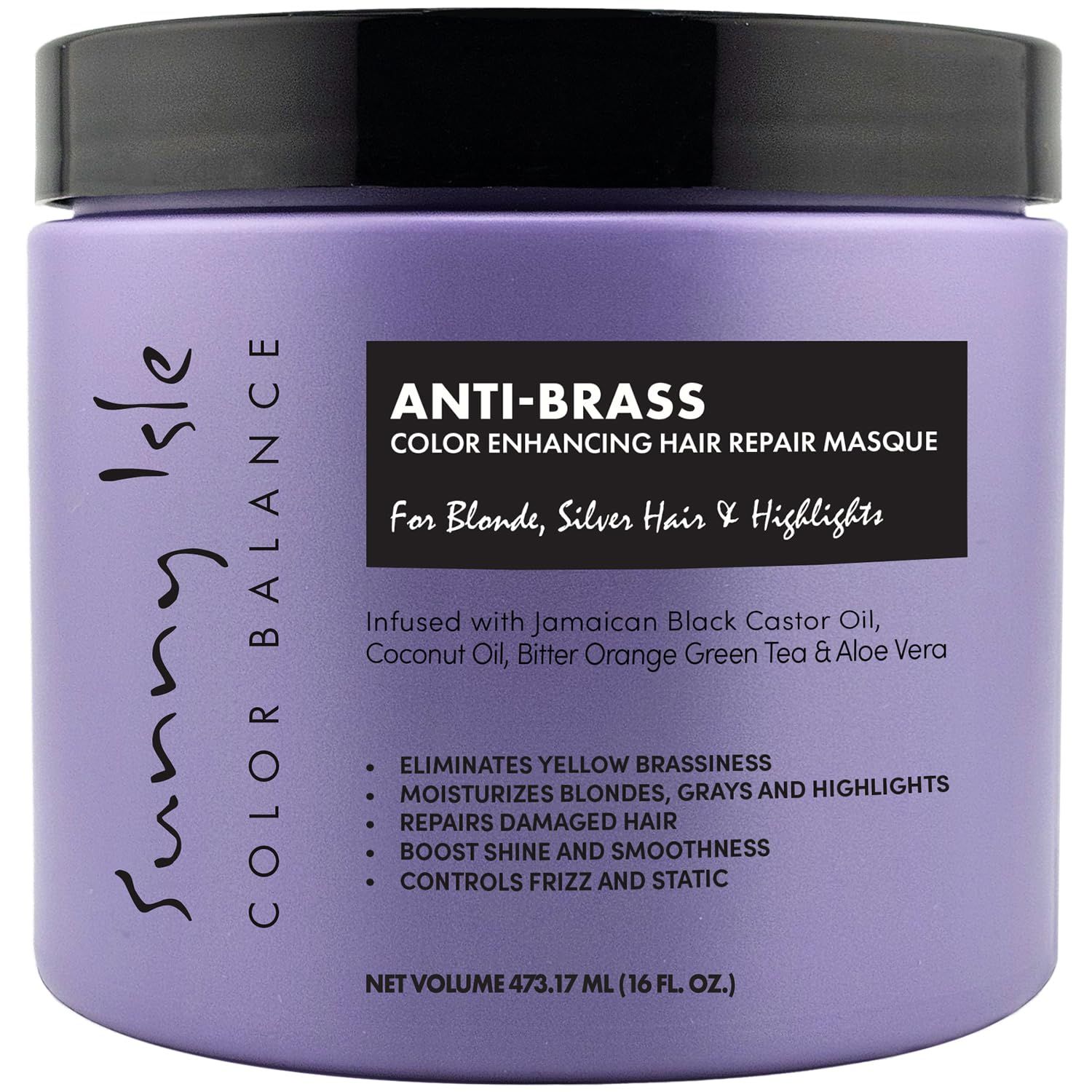Sunny Isle Anti-Brass Color Enhancing Purple Hair Repair Masque 16oz | Neutralizes Yellow Undertones &amp; Brassiness | Deep Conditioner Treatment Toner for Blonde, Silver, Gray Hair &amp; Highlights