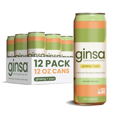 ginsa Sparkling Ginseng Energy Drink with Korean Red Ginseng | Natural Energy Booster | Non-GMO, Supports Focus &amp; Clarity with Pure Ginseng Root, No Caffeine | 12 Pack | 12oz | Ginseng Yuzu Flavor