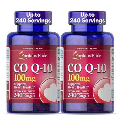 Puritan&#39;s Pride Coenzyme CoQ10 100mg, Dietary Supplement for Heart Health, Blood Pressure, Oral Gum Health, and Healthy Aging Support, 240 Rapid Release Softgels, 2-Pack