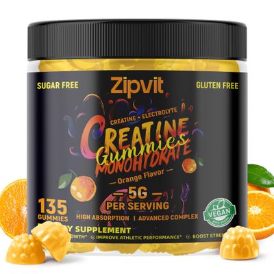 Zipvit Creatine Monohydrate Gummies (5g) - Pre-Workout Energy &amp; Muscle Growth Support for Men &amp; Women | Orange Electrolyte Gummies (135 Count)