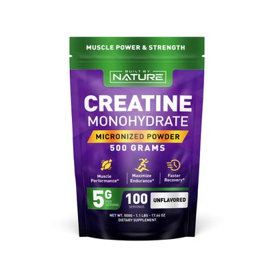 Built by Nature Creatine Monohydrate Micronized Powder - Unflavored, 5000mg (5g) Per Serving, 100 Servings (500g) - Vegan, Non-GMO, Gluten-Free - Supports Muscle Strength and Workout Recovery