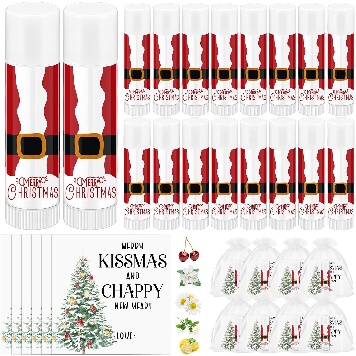 Swiffen 25 Sets Lip Balm Bulk for Christmas Stocking With Wish Card and Organza Bag - Employee Appreciation Gifts, Party Supplies for Girls, Kids, Teacher Team