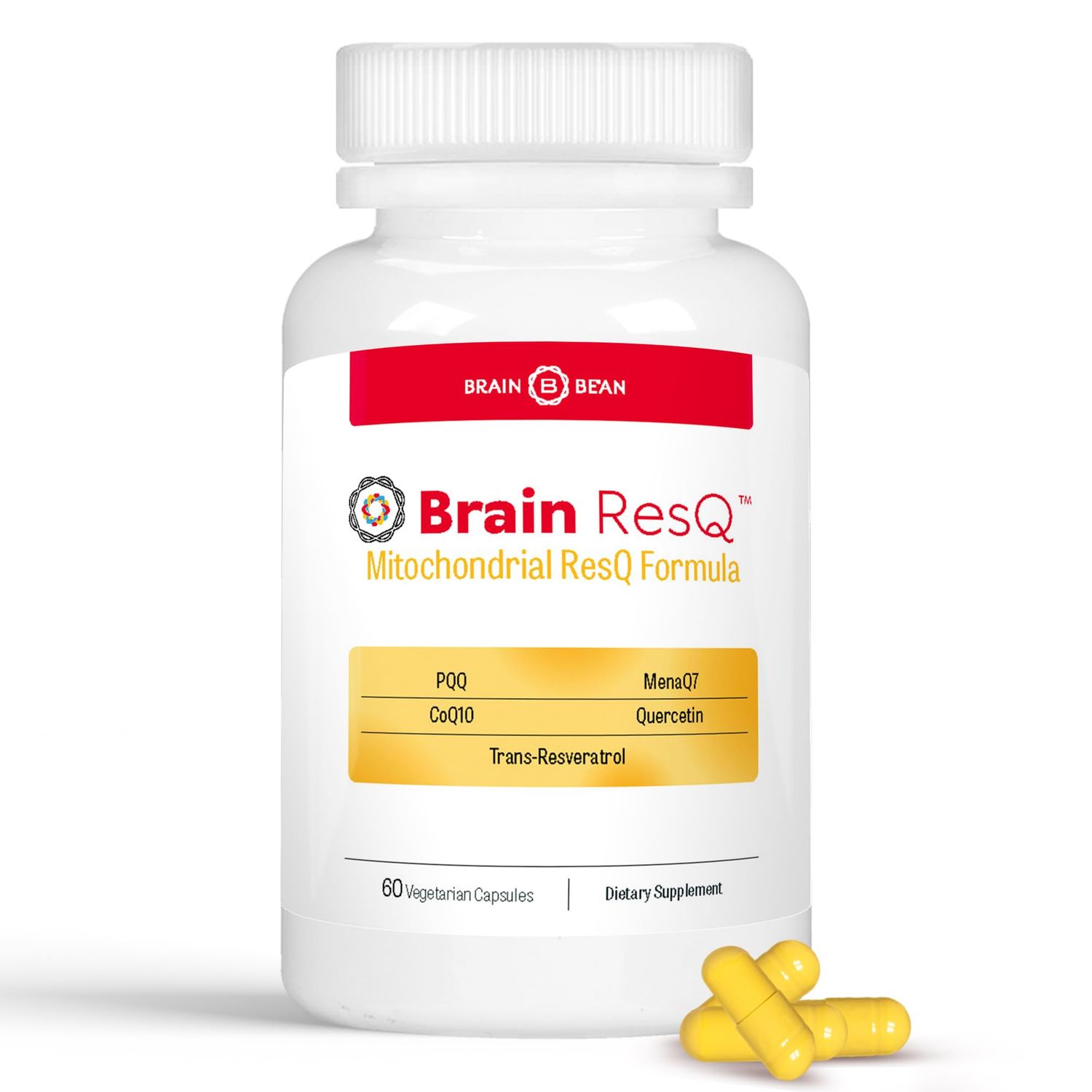 Brain ResQ Advanced Mitochondrial Formula with PQQ, CoQ10, Trans Resveratrol, MenaQ7 &amp; Quercetin Supplement - 100mg of CoQ10 &amp; 15mg PQQ - Supports Brain, Heart &amp; Cellular Health - 60 Capsules