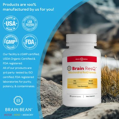 Brain ResQ Advanced Mitochondrial Formula with PQQ, CoQ10, Trans Resveratrol, MenaQ7 & Quercetin Supplement - 100mg of CoQ10 & 15mg PQQ - Supports Brain, Heart & Cellular Health - 60 Capsules