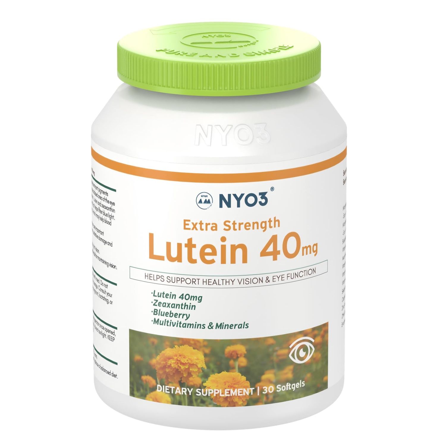 NYO3 Lutein &amp; Zeaxanthin 40mg with Blueberry, 30 Softgels Eyes Vitamins and Mineral Supplement- Eye Vision Health | Antioxidant Support