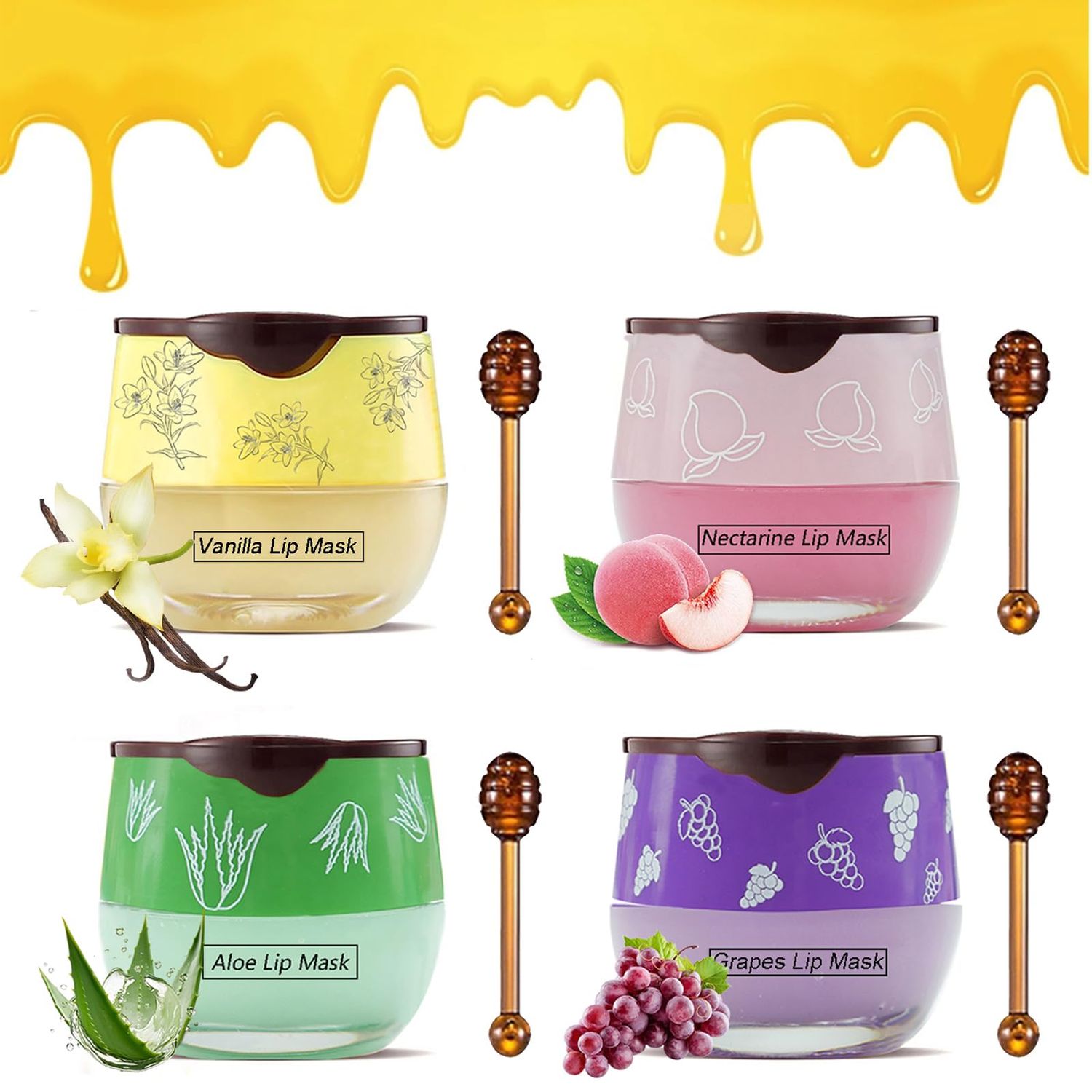 4PCS Bee Lip Balm Honey Pot, Fruit Moisturizing Propolis Lip Mask, Lip Mask Overnight Propolis Moisturizing Lip Balm Hydrating Prevention Dry and Crack Lip Scrubs Exfoliator Lip Care Products (B)