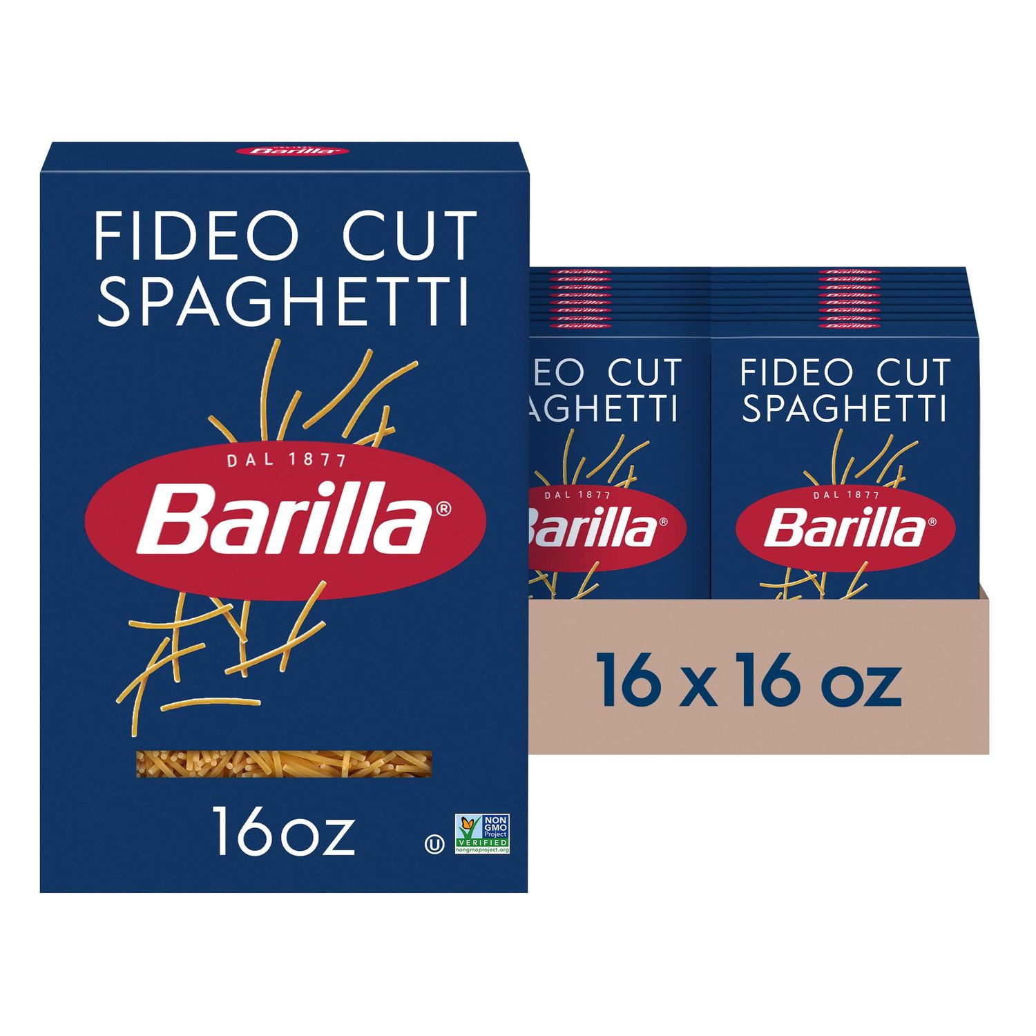 Barilla Fideo Cut Spaghetti Pasta, 16 oz. Box (Pack of 16) - Non-GMO Pasta Made with Durum Wheat Semolina - Kosher Certified Pasta