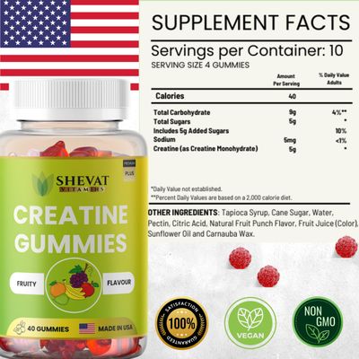 SHEVAT VITAMINS Premium Creatine Gummies for Men &amp; Women - Supports Muscle Growth, Recovery &amp; Performance - 40 Chewable Gummies with Fast Absorption &amp; No Melting Formula