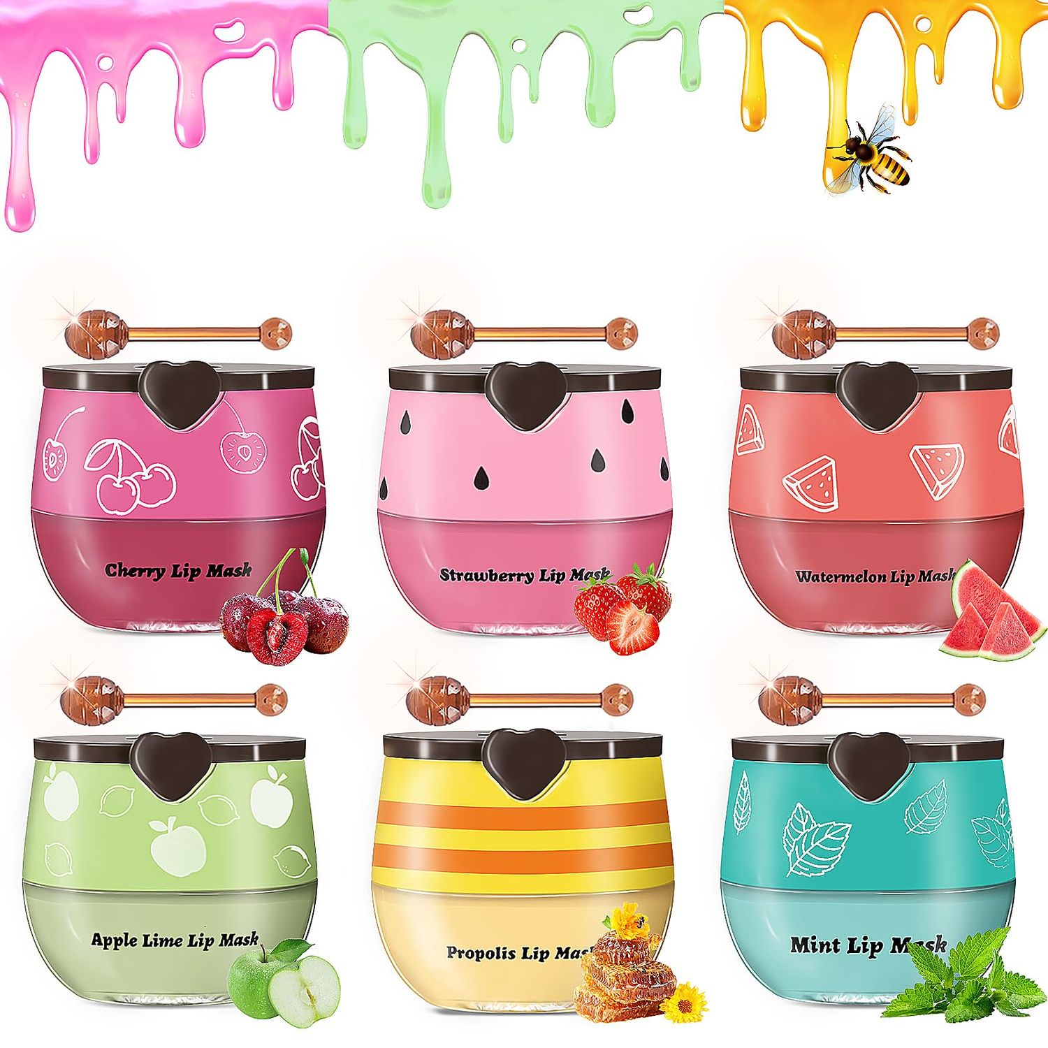 Bee Lip Balm Honey Pot, 6pcs Propolis Lip Mask Overnight Moisturizing Fruity Lip Balm with Stick, Hydrating Prevention Dry and Cracked Lip Scrubs Exfoliator Lip Care, Sleeping Lip Mask Hydrating (A)