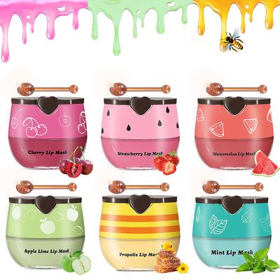 Bee Lip Balm Honey Pot, 6pcs Propolis Lip Mask Overnight Moisturizing Fruity Lip Balm with Stick, Hydrating Prevention Dry and Cracked Lip Scrubs Exfoliator Lip Care, Sleeping Lip Mask Hydrating (A)