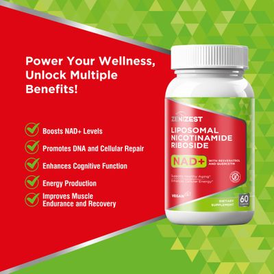 ZeniZest NAD Supplement NMN Alternative - Liposomal Nicotinamide Riboside with Resveratrol &amp; Quercetin for Anti Aging Cell Regeneration Energy Focus for Men Women