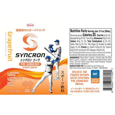 Syncron Pre Workout Sports Drink Endorsed by Shohei Ohtani, Aluminum Bottled, Sugar Free Pre Workout Drink with L Arginine, L Citrulline & BCAAs for Athletes & Training, Grapefruit, 6 Pack, 2 oz
