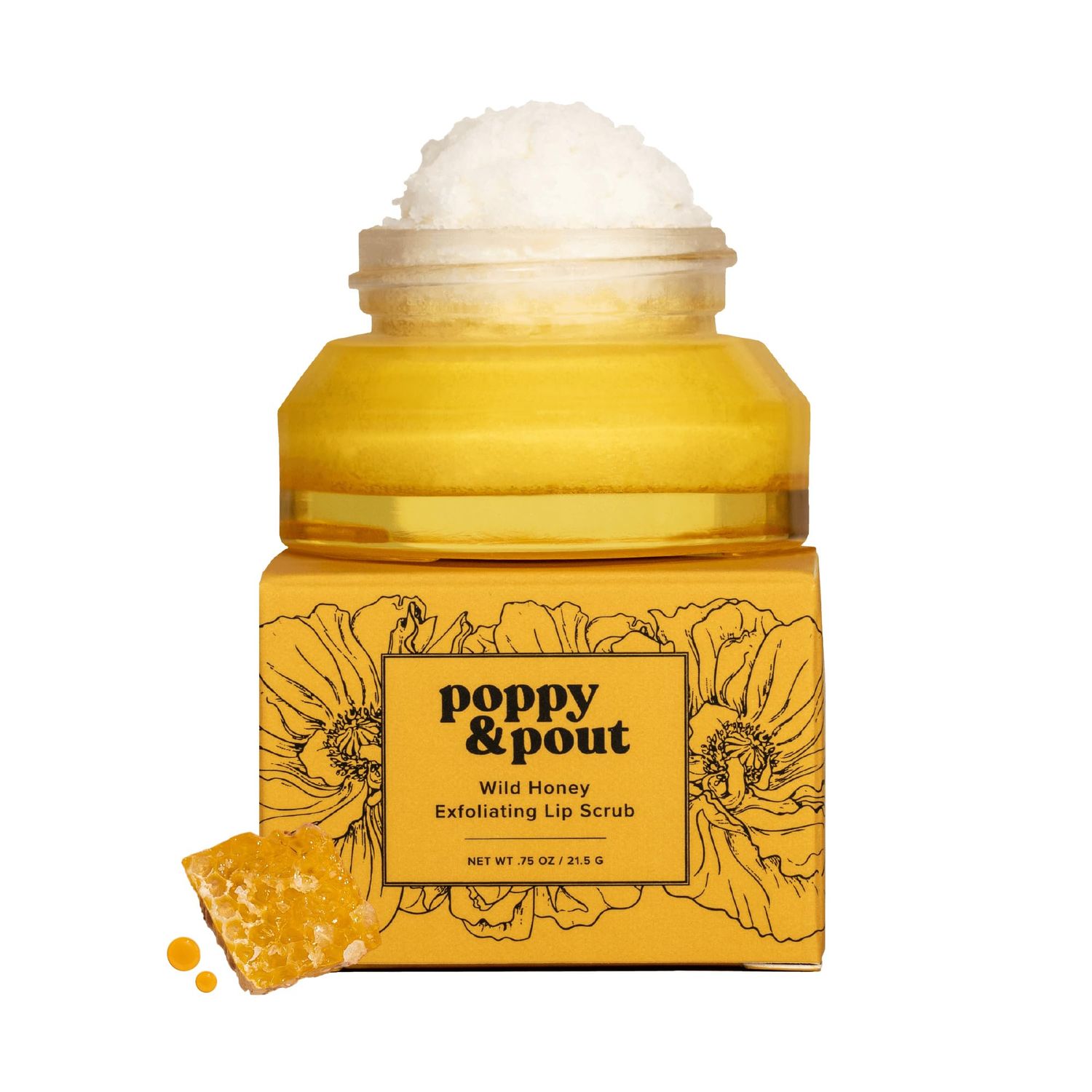 Poppy &amp; Pout Natural Lip Scrub, Moisturizing Sugar Scrub for Dry Lips, Lip Scrubber Exfoliator with Essential Oils Smooths and Hydrates Lips, In Recyclable Glass Jars, Cruelty Free - Wild Honey
